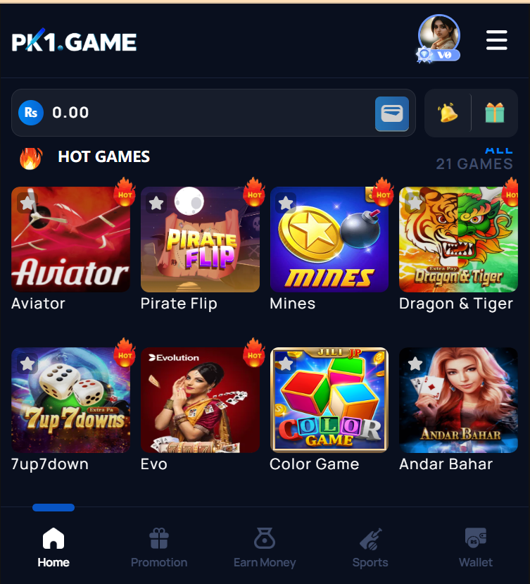 PK1 Game Home Screen