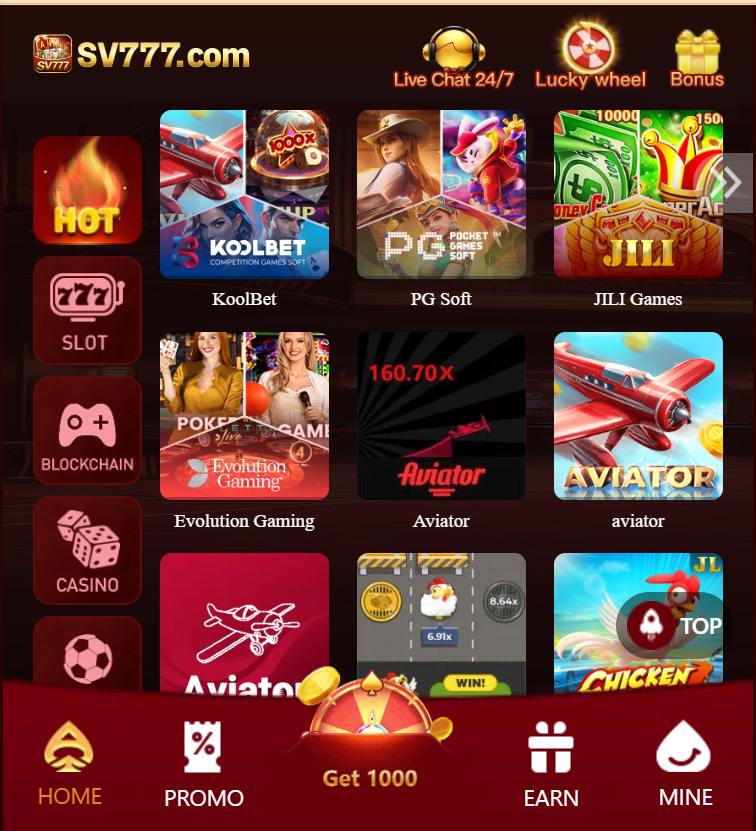 Sv777 game home Screen