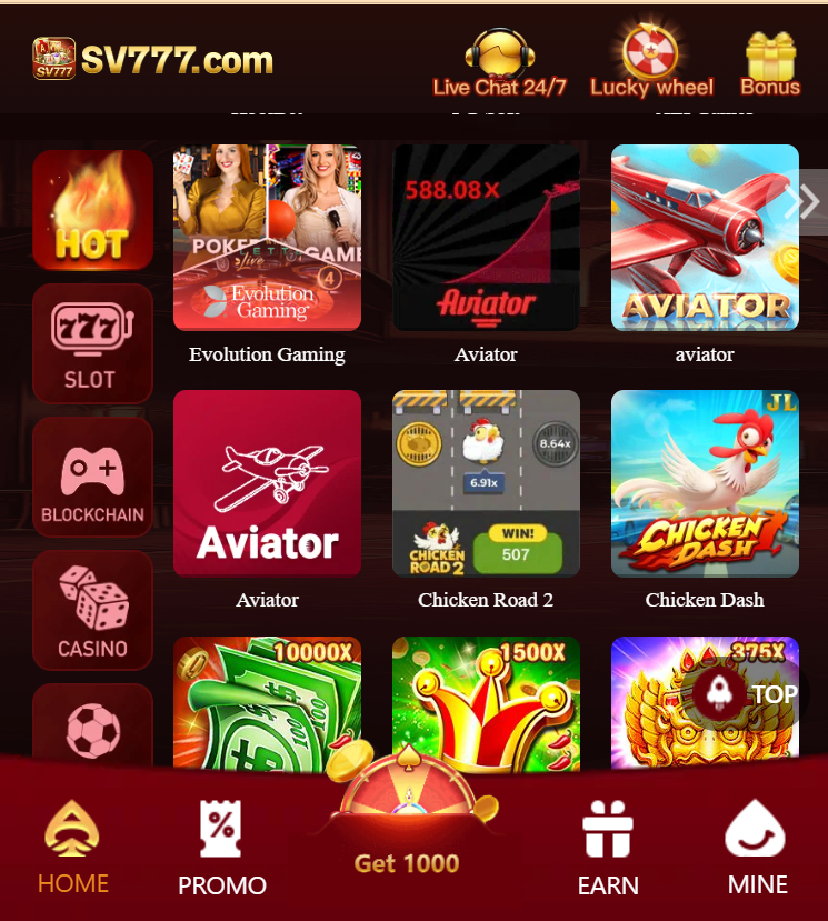 Sv777 game home Screen